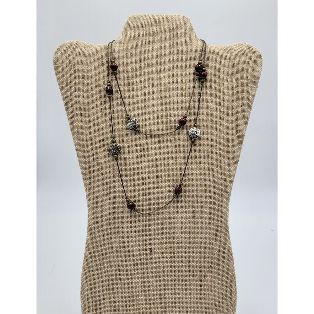 Womens Station Necklace Silver Brown Handmade Beaded Rope Fashion Accessories